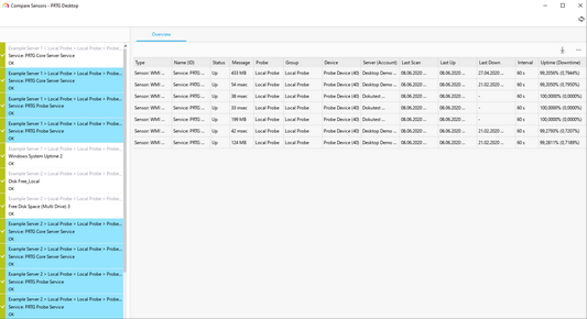 Compare sensors window