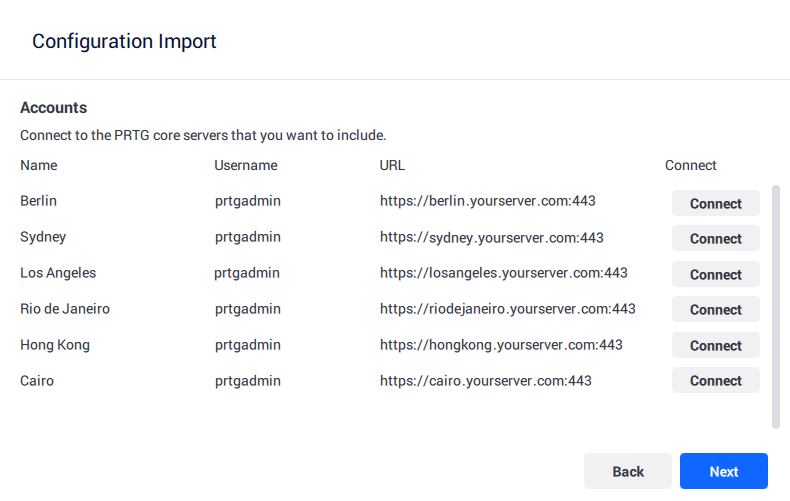 Connect to PRTG server accounts Connect to PRTG server accounts