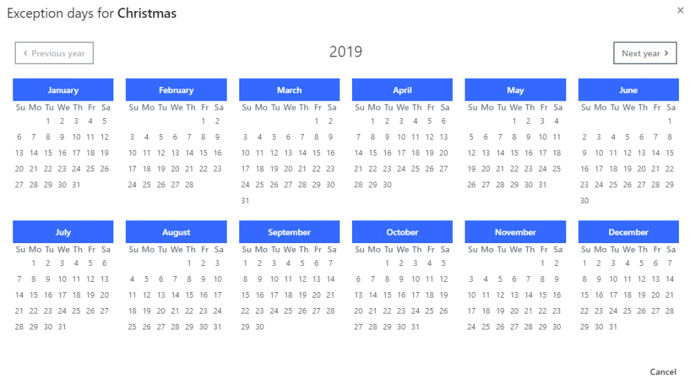 Schedule exception days Schedule exception days