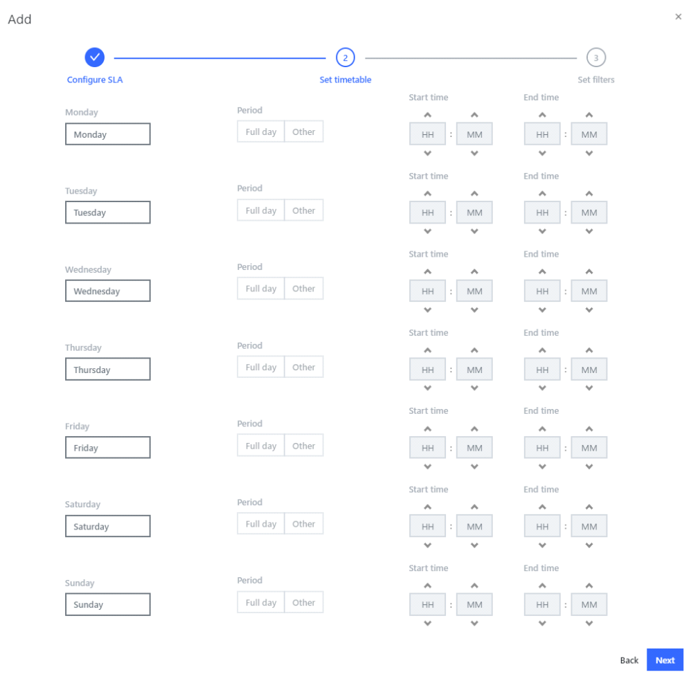 Set SLA timetable Set SLA timetable